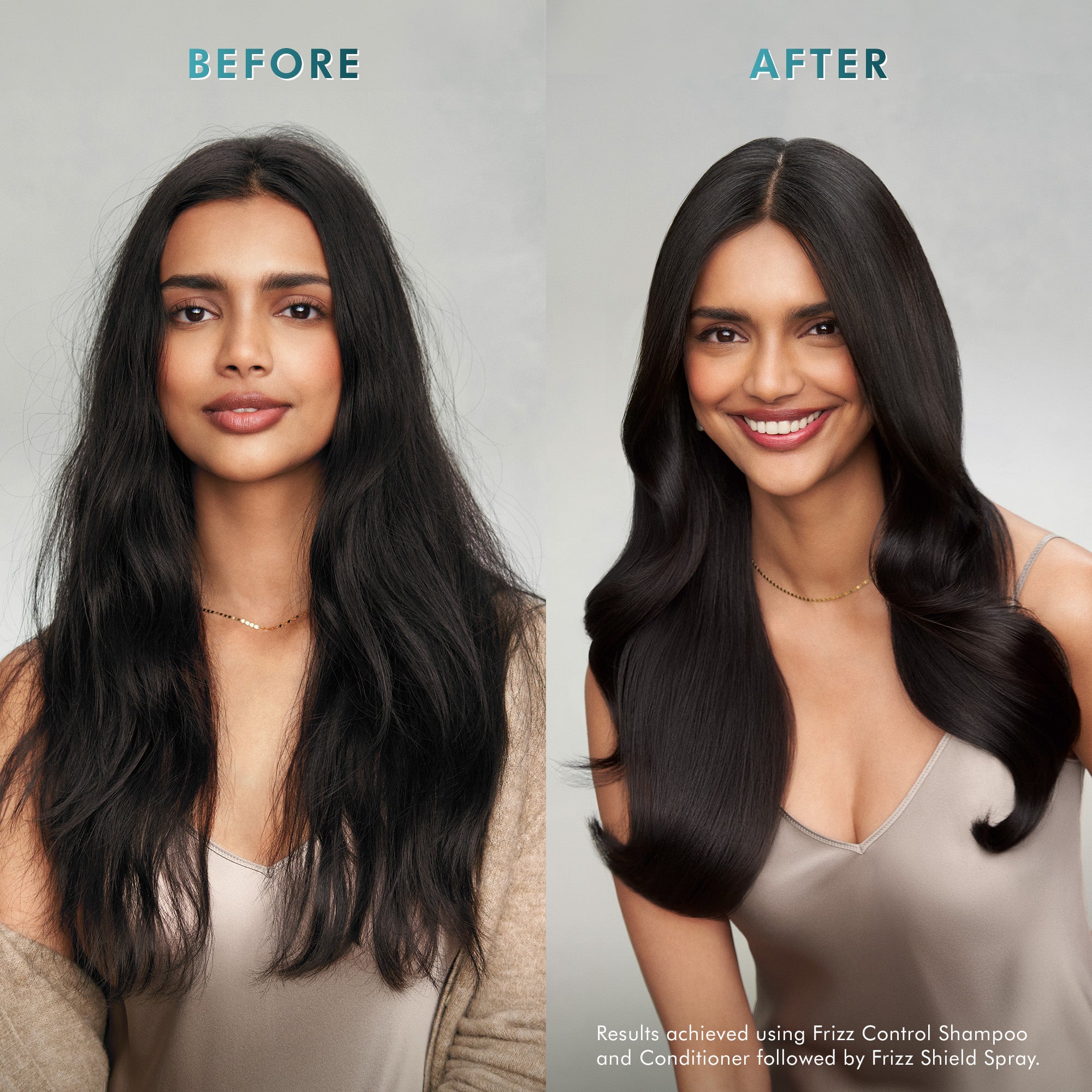 Frizz Control Shampoo og Conditioner Før og efter modelbilleder